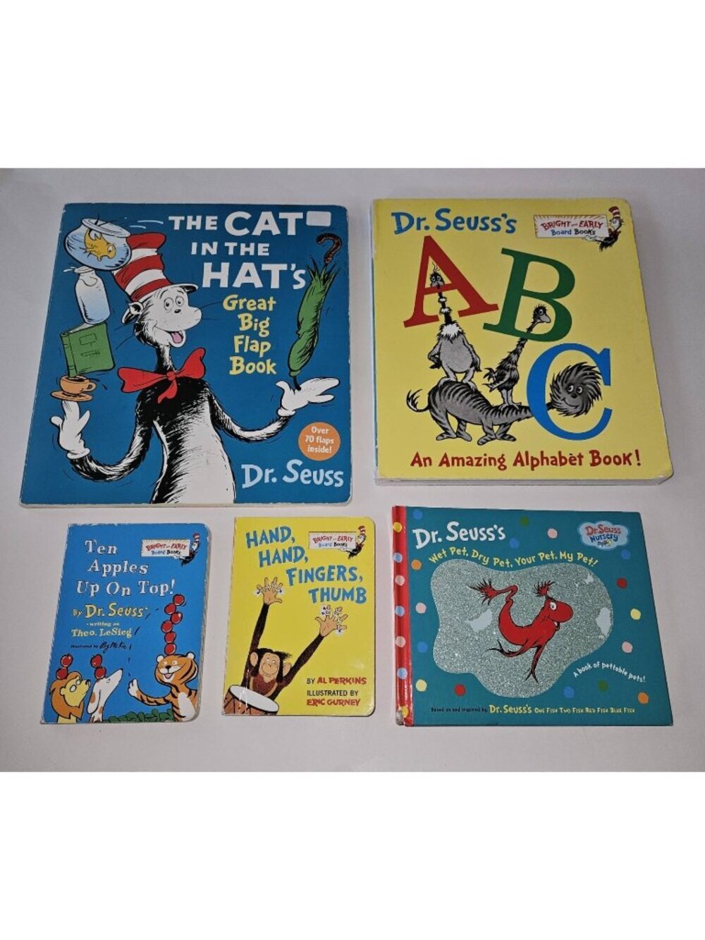 5 Dr Seuss Board Book Lot ABC Cat Hat Big Flap Hand Fingers Apples Pettable Pets